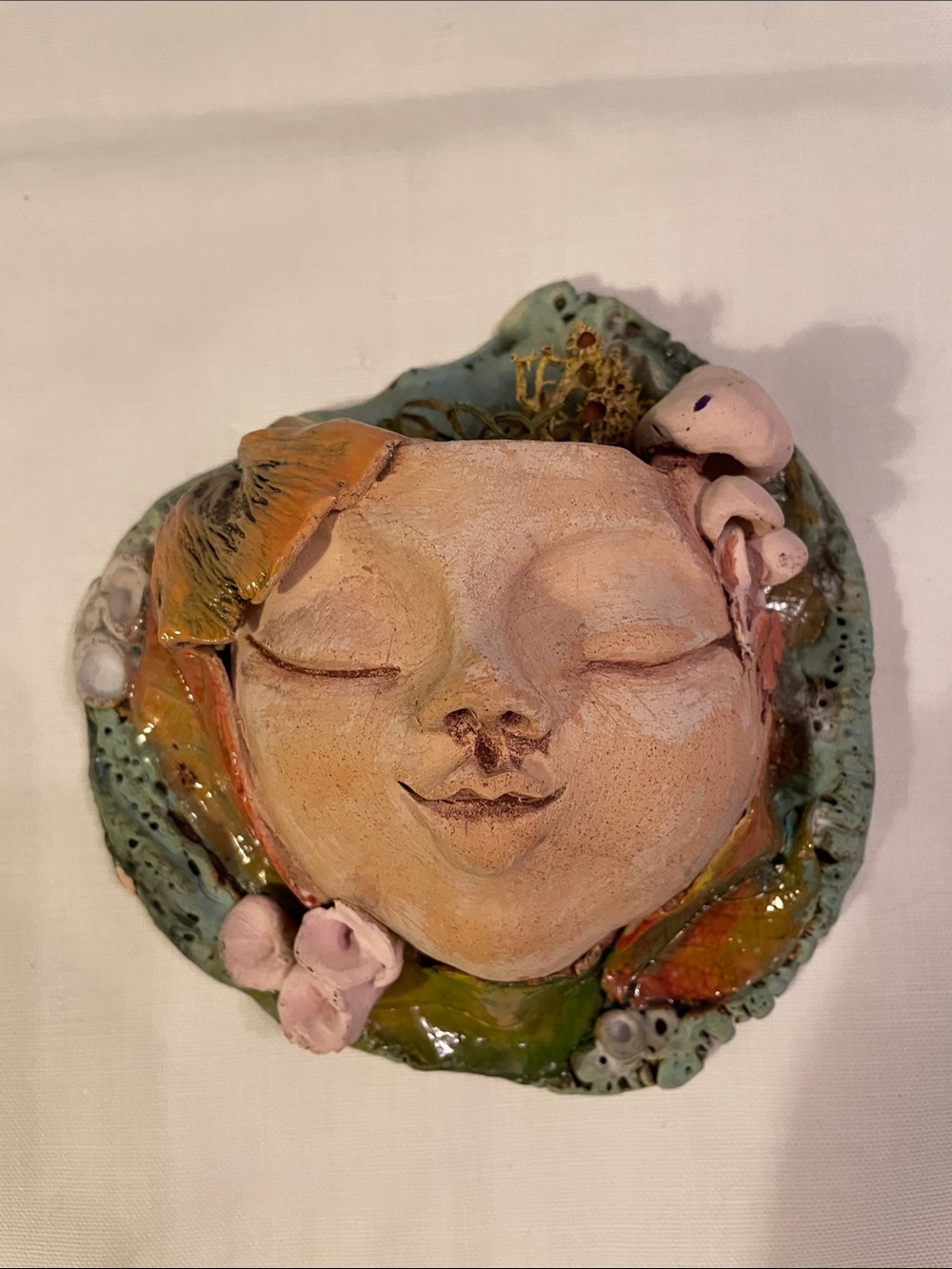 Handmade Artisan Pottery Wall Pocket Face with Mushrooms Nature Detail Signed